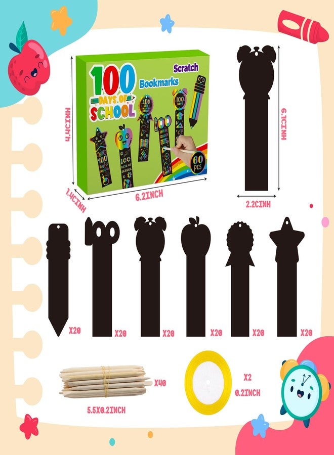 BeYumi 60Pcs 100 Days of School Scratch Bookmarks Gift Set for Kids DIY Pencil Clock Apple Medal Star Magic Scratch Paper Craft 100th Day of School Classroom Activity Art Project Party Favor - Image 2